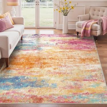 Imagem de Tapetes de área 12 x 18 cm lavável para quarto de bebê, tapete grande abstrato moderno antiderrapante, tapete macio repelente de água para quarto, sala de jantar, escritório em casa, colorido rosa