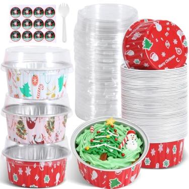 Imagem de Pacote com 100 forros de cupcake de Natal em cores mistas, mini formas de bolo de 142 g com tampas, copos de alumínio, recipientes descartáveis para muffin de ramequins para presente, festas de