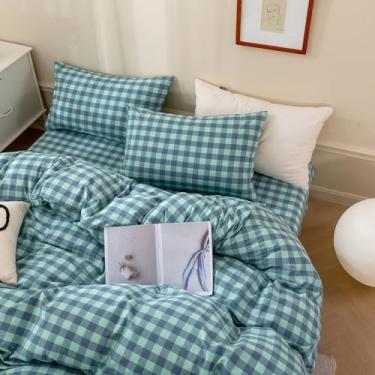 Imagem de VM VOUGEMARKET Conjunto de edredom solteiro xadrez verde com 2 fronhas para todas as estações, 3 peças, moderno, simples, conjunto de cama para adolescentes e meninos