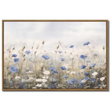 Imagem de Arte de parede floral vintage azul branco flores em tela impressões de flores silvestres decoração de parede natureza paisagem pintura a óleo emoldurada arte botânica para quarto de meninas quarto