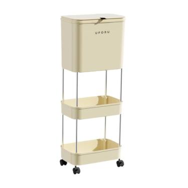 Imagem de Fenteer Lixeira com polia Lixeira com tampa Grande capacidade Estreita prateleira de armazenamento Lixeiras de reciclagem para cozinha Lixeira de triagem, Creme branco, 3 camadas