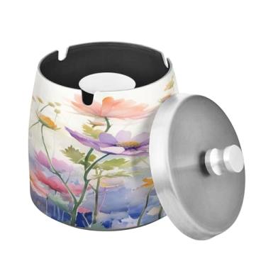 Imagem de Blueangle Cinzeiro de flores em aquarela com tampa para cigarros, à prova de vento/chuva, aço inoxidável, sem fumaça, inodoro, cinzeiro para uso interno ou externo (71)