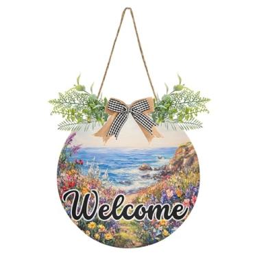 Imagem de SEHANY Placa de boas-vindas de flores e mar, decoração de porta da frente, guirlanda de boas-vindas redonda para decoração de casa de fazenda, varanda e pátio, 30 x 30 cm