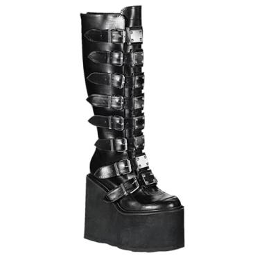 Imagem de Botas femininas de cano alto com plataformas altas, fivelas ajustáveis modernas com emblemáticas placas de metal e zíper nas costas, couro vegano preto, botas de cano alto e plataforma, Preto, 9