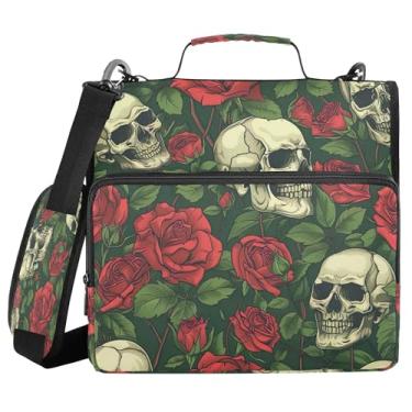 Imagem de SEHANY Fichário com zíper de caveira e flor com alça de ombro, capacidade para 500 folhas, vários bolsos, fichário com 3 anéis e zíper de 3 anéis