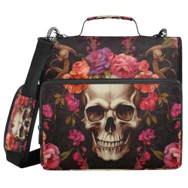 Imagem de SEHANY Fichário com zíper de caveira e flor com alça de ombro, capacidade para 500 folhas, vários bolsos, fichário com 3 anéis e zíper de 3 anéis