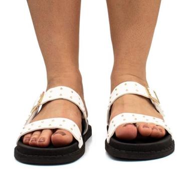 Imagem de Sandália Brilho Flat Feminina Papete Plataforma Enfeite Metálico Casua