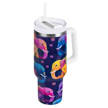 Imagem de Kigai Copo para elefantes nativos americanos de 1,134 g com tampa e palha, copo isolado de aço inoxidável durável à prova de vazamento com alça, garrafas de água à prova de derramamento para viagens