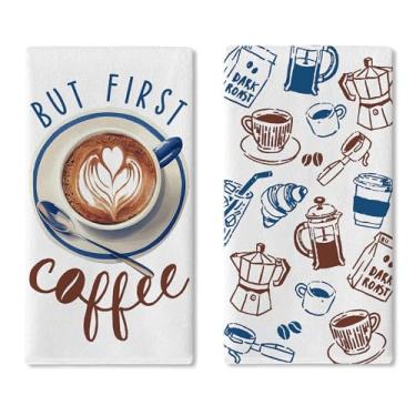 Imagem de Croar But First Coffee Conjunto de 2 panos de prato de cozinha, utensílios de feijão de café, copo, toalha de mão, pano, pano, cozinha, café, bar, estação, loja, decoração de casa, 45 x 66 cm