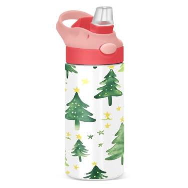 Imagem de YETTASBIN Garrafa de água de árvore de Natal para crianças, 340 g, à prova de vazamento, parede dupla, isolada, copo de viagem com tampa de canudo para meninas, meninos e crianças