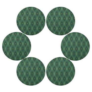 Imagem de Wassud Jogo americano conjunto de 6 tapetes de mesa redondos com padrão de estrelas xadrez verdes para cozinha e jantar tapetes laváveis resistentes ao calor para decoração de mesa 39 cm