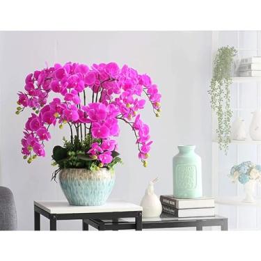 Imagem de LMJYU Orquídea artificial de poliuretano Phalaenopsis flores artificiais com vaso de cerâmica flores artificiais em vaso de 65 cm flores artificiais florais falsas