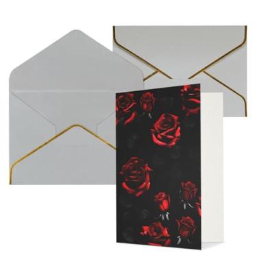 Imagem de SKKNT Cartões de felicitações para todas as ocasiões com impressão de rosas vermelhas e pretas versáteis com envelopes 11,4 x 15,2 cm
