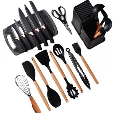 Imagem de Kit Completo Jogo de Cozinha Luxo 19 Peças Com Tábua em Silicone Espátula Faca Tesoura Utensílios(Preto)