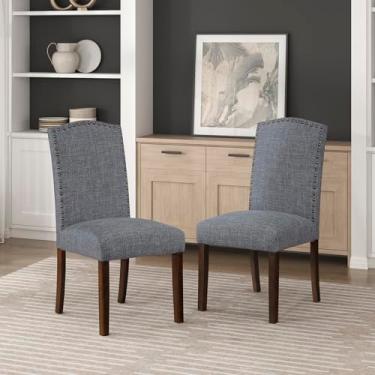 Imagem de Lexicon Conjunto de 2 cadeiras de jantar estofadas de tecido durável e sem braços, costas arqueadas, modernas cadeiras de sala de jantar para 2, laterais com acabamento em pregos, moldura de madeira