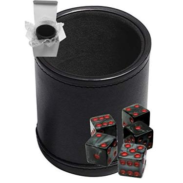 Imagem de Set of 16mm Marbleized Squared Corners Dice and Black PU Leather Dice Cup Plush Velvet Lined - Gift Boxed (Charcoal Dice, Black/Black Cup)