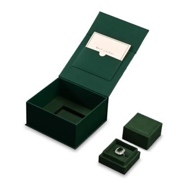 Imagem de Papten Caixa de presente de anel de veludo com caixa de embalagem externa, cartão de felicitações em branco incluído, perfeito para noivado de casamento (verde)
