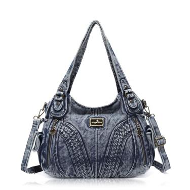 Imagem de Angel Kiss Bolsa feminina de designer grande com zíper duplo, vários bolsos, bolsa de couro lavado, 2 jeans azul, Large