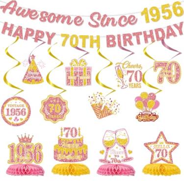 Imagem de Decoração de aniversário de 70 anos para mulheres, 14 peças de kit de banner de feliz aniversário de 70 anos de ouro rosa suprimentos de festa, incrível desde 1956 redemoinhos pendurados decoração de