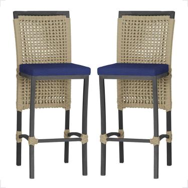 Imagem de 2 Banqueta Em Alumínio Roma Preta Corda Náutica Tecido 10 Rami