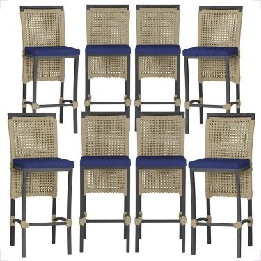 Imagem de 8 Banquetas Em Alumínio Roma Preta Corda Náutica Tecido 10 Rami