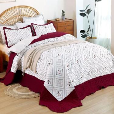 Imagem de Cmfshape Conjunto de colcha king extragrande vermelho natalino 120 x 120 Colcha King Califórnia com 2 fronhas - edredom de cama bordado requintado para todas as estações - cobertor leve caído no chão