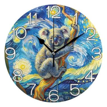 Imagem de Relógio de parede decorativo analógico para sala de aula, relógio de escritório, estético, silencioso, sem tique-taque, arte moderna de meados do século, urso coala, noite estrelada, 25 cm, ponteiros