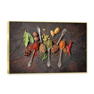 Imagem de Moldura dourada. Arte de parede em tela de especiarias coloridas e colher de tempero | Decoração de cozinha vintage | Arte moderna para casa e sala de jantar. C20. 40 x 60 cm - 15,8 x 23,7 pol