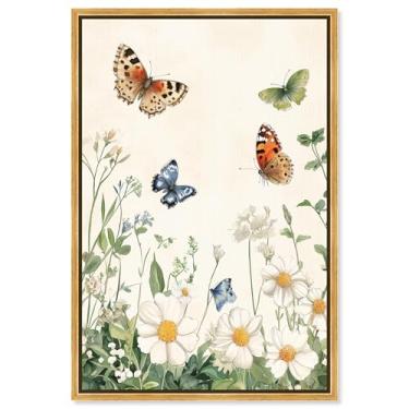 Imagem de Decoração de parede floral com impressão em tela Meadow Dance of Wings por Art Remedy, moldura dourada, 40 x 61 cm