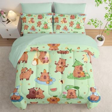 Imagem de AILONEN Jogo de cama solteiro com desenho animado de capivara, animal fofo, kawaii, para meninas, adolescentes, verde grama, lençol com elástico + lençol de cima e 2 fronhas, 2 fronhas