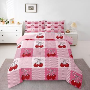 Imagem de Feelyou Conjunto de edredom com estampa de cereja para todas as estações, com laço rosa, 1 fronha, microfibra de búfalo, xadrez, roupa de cama de solteiro, decoração de quarto de frutas, edredom