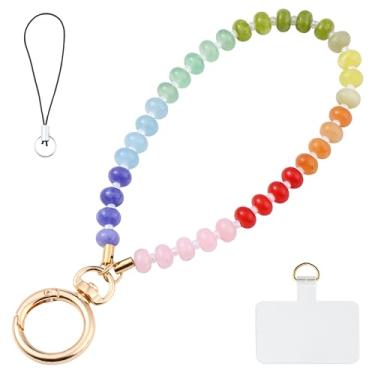 Imagem de Yeeyeow Cordão de pulso de telefone com contas de pedra natural arco-íris, chaveiro de amuleto de pedras preciosas feito à mão para mulheres, chaveiro mãos livres, alça de pulso