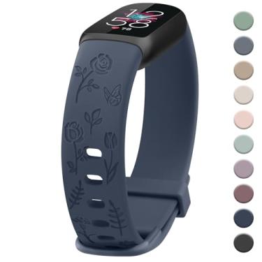 Imagem de Pulseira feminina com gravação floral, compatível com Fitbit Luxe, pulseiras esportivas macias de substituição para monitor de fitness e bem-estar Fitbit Luxe (azul marinho)