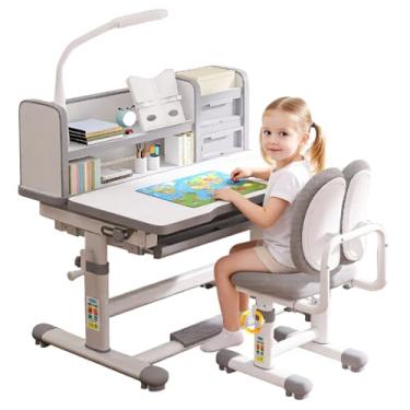Imagem de SMIXLVY Conjunto de cadeira e mesa de estudo infantil, conjunto de cadeira de estudo com altura ajustável, ergonômico, mesa de estudo escolar infantil com inclinação, 3 modos de luz, armazenamento,