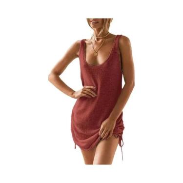 Imagem de Praia feminina crochê cobrir ups maiô coverup verão sem costas roupa d