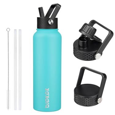 Imagem de BJPKPK Garrafas de água isoladas com tampa de palha, garrafas de água de aço inoxidável de 1,2 l com 3 tampas, garrafa térmica à prova de vazamento sem BPA, copos, copos para esportes, academia -