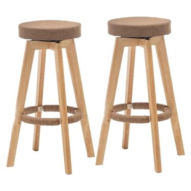 Imagem de Conjunto de 2 bancos de bar, bancos de bar estofados, cadeiras giratórias de 360° com apoio para os pés de madeira, cadeiras de assento sem braços (73 cm)