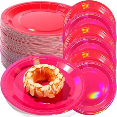 Imagem de Pasimy Pratos de papel de dia dos namorados, 120 peças, pratos de jantar de 22 cm de cor sólida, descartáveis, rosa, vermelho, suprimentos, prato de papel redondo para Natal, inverno, férias