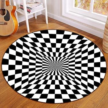 Imagem de Tapete Optical Illusion Para Sala De Estar, Tapetes 3D Tapete Optical Illusion Vortex, Forma Redonda Tapete Trippy Tapete Xadrez Preto Branco,80 Centímetros
