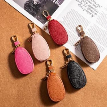 Imagem de Carteira pequena para pendurar com zíper para chaveiro, bolsa de moedas de couro PU de luxo, Vermelho rosa