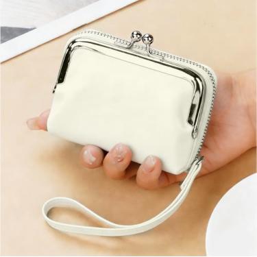 Imagem de Carteira compacta vintage para mulheres, bolsa elegante de couro PU, bolsa de moedas feminina com fecho de pressão, zíper e cadeado Kiss, Branco, Carteira