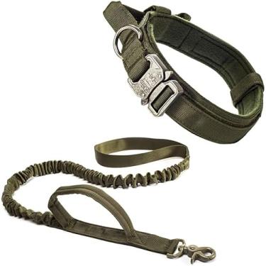 Imagem de Kit Tático Militar para Cães, Coleira Ajustável em Nylon 1680D com Forro Acolchoado e Guia Retrátil 97-142cm, para Treinamento e Passeio (verde)