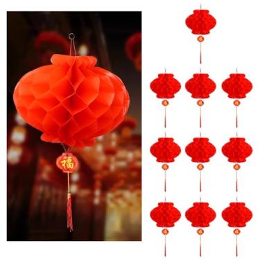 Imagem de 10 peças de lanterna chinesa 2026, papel origami festival vermelho primavera festival ano novo chinês enfeites pendurados, decoração de porta de parede para casa