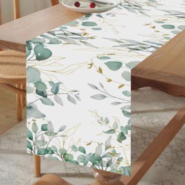 Imagem de Caminho de mesa com folhas de eucalipto, bandeira de mesa de design de planta dourada verde aquarela com tema de primavera, decorações de mesa de fazenda rústicas para aniversário, casamento, chá de