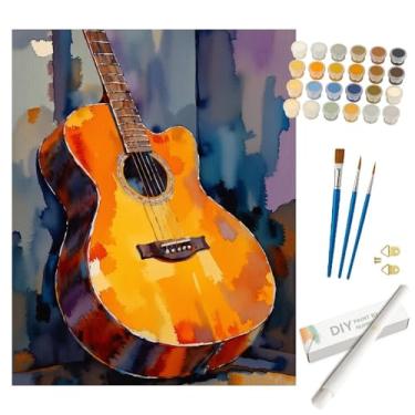 Imagem de Kit de pintura de guitarra por números para adultos - Pintura de guitarra acústica em aquarela DIY enrolada em tela 40,6 x 50 cm, conjunto de tinta acrílica, adequado para iniciantes, arte musical