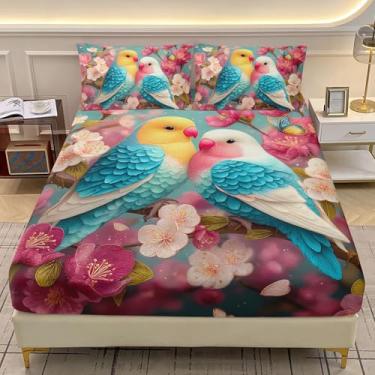 Imagem de AILONEN Jogo de cama casal com desenho animado de pássaro fofo - flor de cerejeira rosa e 2 fronhas - Jogo de lençol com elástico de 3 peças para crianças, adolescentes e meninas