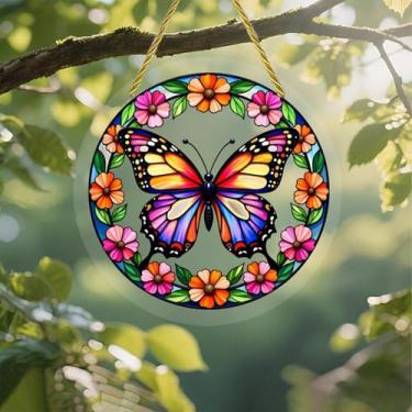 Imagem de Acrílico colorido Suncatcher, moldura floral de borboleta de vitral, 18 cm, decoração de arte de parede com design de vitral impresso, ideia de presente e ornamento de jardim, uso interno e externo