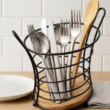 Imagem de Porta Talheres Aramado com Base em Madeira Natural, Preto, Aço e Madeira, 18,5 cm de Altura, Organizador de Cozinha, Escorredor de Utensílios