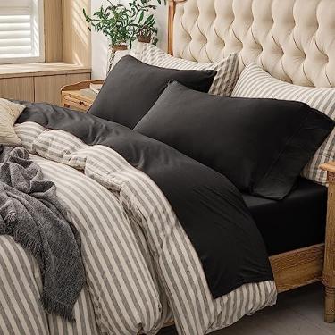 Imagem de PURE ERA Conjunto de lençóis de malha jersey 3 peças 100% algodão super macio confortável respirável cabe colchão até 50,8 cm bolso extra profundo (preto sólido, solteiro)