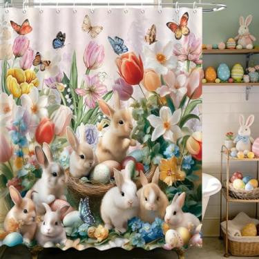 Imagem de MEHOFOND Cortina de chuveiro de primavera Páscoa tulipas floral coelhinhos da Páscoa cortina de chuveiro para banheiro feliz Páscoa coelho fofo borboletas decoração de banheira tecido impermeável